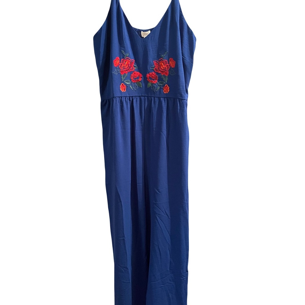 ODDY Royal Blue Spaghetti Strap Jumpsuit with Red Floral Embroidery Design